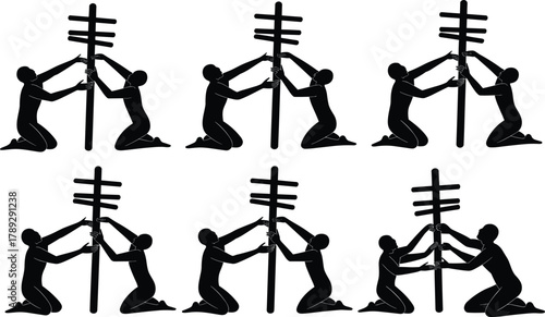 Teamwork concept, unity in action, collaborative effort, human cooperation, symmetrical design, abstract vector, business support, partnership, shared goal, minimal silhouette art