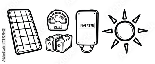 Solar energy system components doodle icons set
