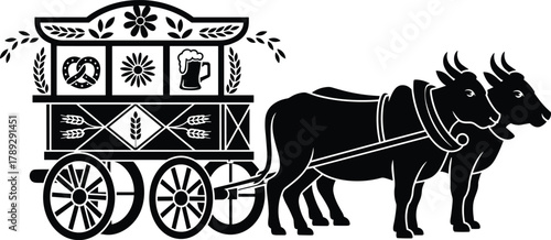 Traditional beer wagon with oxen silhouette, Oktoberfest festival vector illustration, Bavarian culture design, vintage cart art, farm transport concept, German celebration graphic