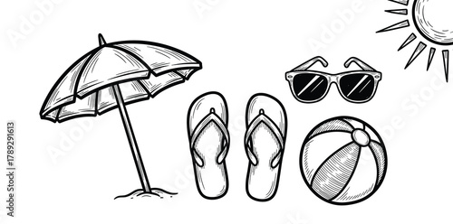 Beach essentials with umbrella flip flops and ball