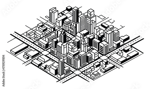 Isometric city map in outline drawing style