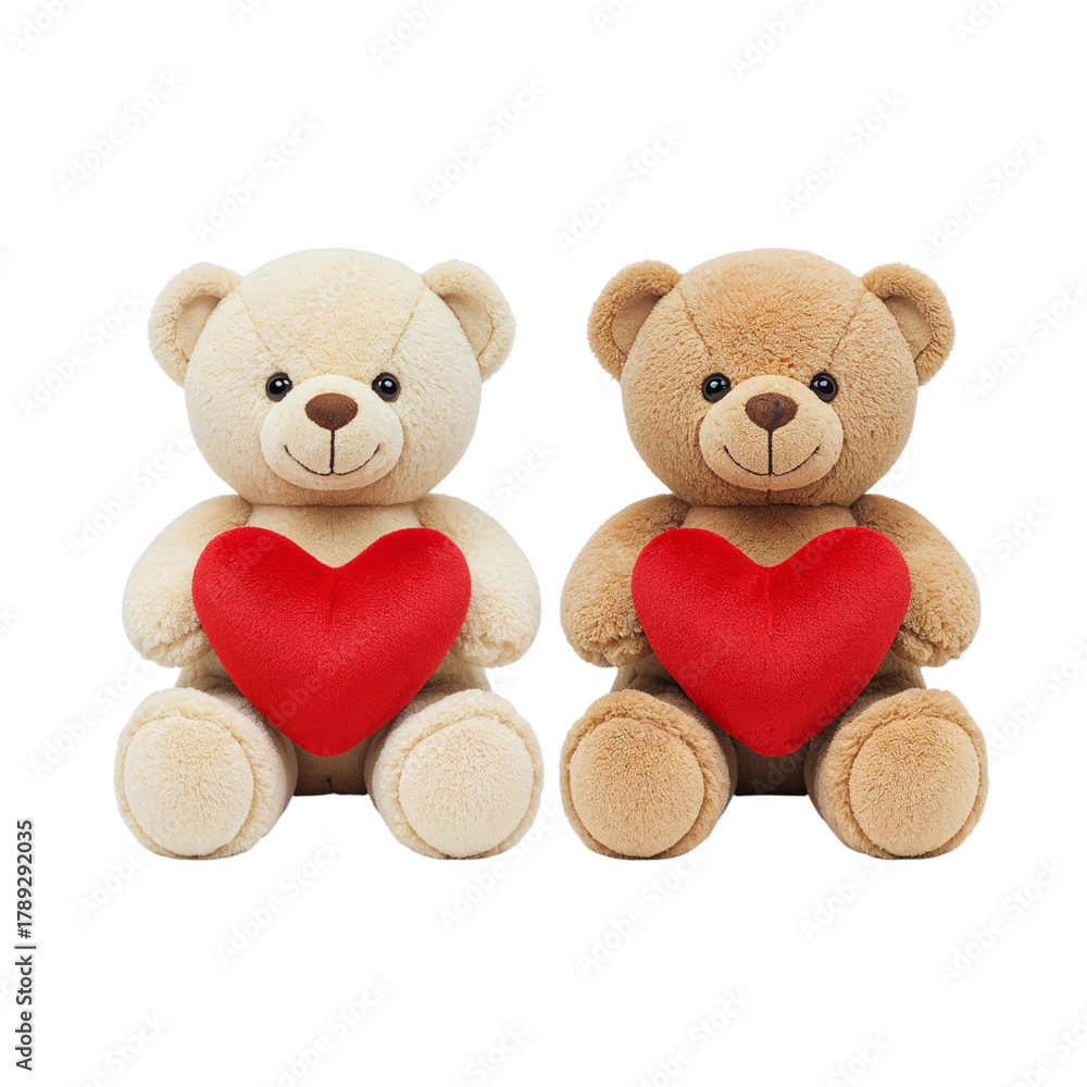 Obraz premium Two adorable teddy bears holding red hearts symbolizing love and companionship isolated on transparent background