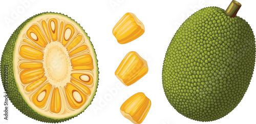 Vector jackfruit illustration showing whole fruit, cross-section, edible pods, tropical texture, botanical anatomy, healthy food concept for design use.