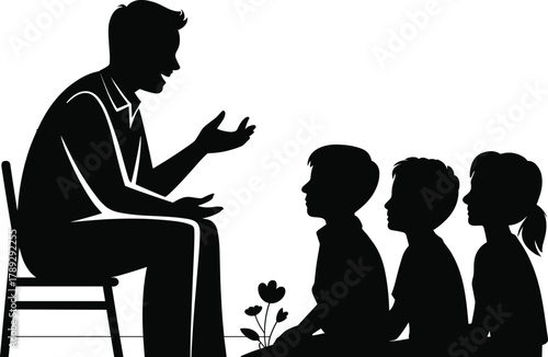 Teacher explaining lesson to children silhouette, education concept vector illustration, learning and teaching scene, classroom communication art, mentor guiding students design