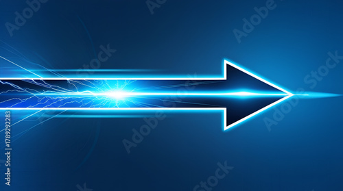Modern digital blue background with a forward glowing arrow, light trails, line grid and particle dots, smooth gradient illumination, futuristic energy effect, symbolizing progress and technological 