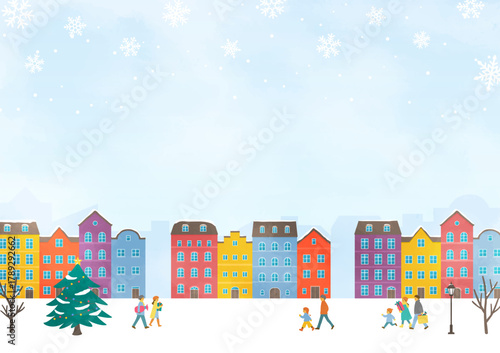 winter scene with colorful buildings
