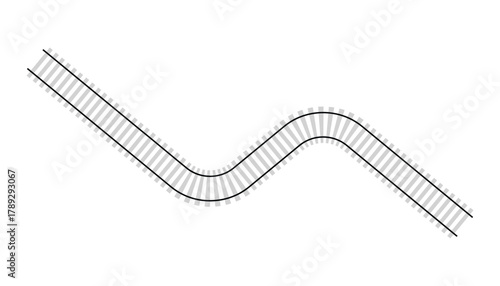 Wavy train railway track element with sleepers. railroad isolated top view on white background
