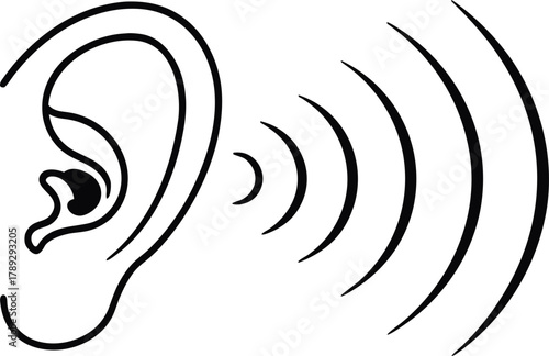 Black and white ear sound waves vector illustration showing hearing concept, auditory design element representing communication, listening, vibration, and frequency awareness in simple line art. 