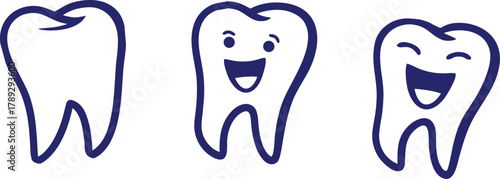 tooth on a white background Cute tooth icons showing happy smiling dental care concept, clean and healthy teeth illustration in minimal line art style, perfect design element for dental hygiene 