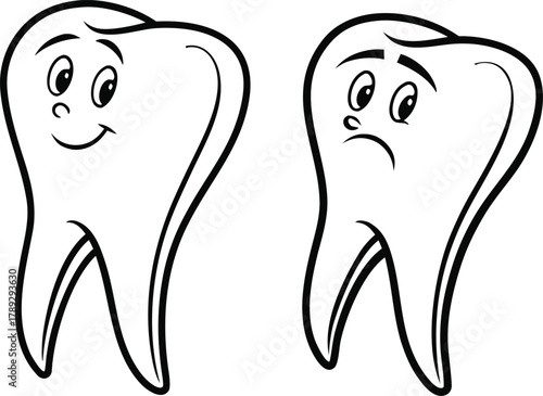 Happy and sad tooth cartoon illustration showing dental health and tooth decay concept, cute character design in black and white style, perfect dental care education symbol. 