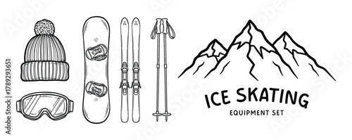 Winter sports equipment with mountain landscape