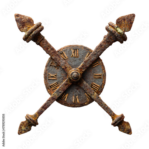 Antique Clock Symbol: A weathered, metallic clock face adorned with Roman numerals is intersected by rusty, cross-shaped embellishments, creating a vintage charm.