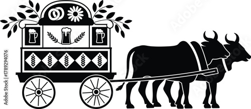 Traditional beer wagon with oxen, Oktoberfest festival vector illustration, vintage cart carrying beer barrels, Bavarian celebration design for brewery, pub, and cultural event