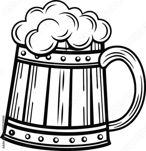 Foamy beer mug illustration shows a rustic wooden stein in bold black line art. This vintage drink container highlights craft style. 