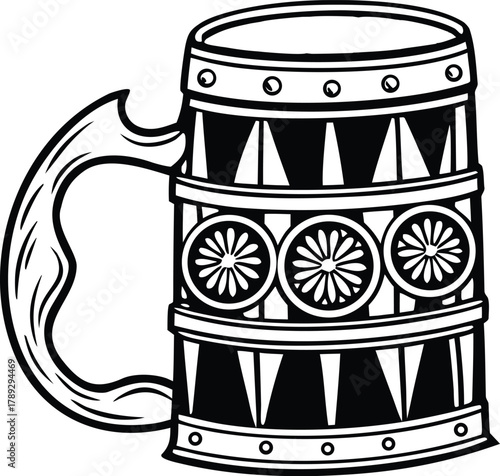 Vintage beer stein illustration showcases detailed carved patterns. 