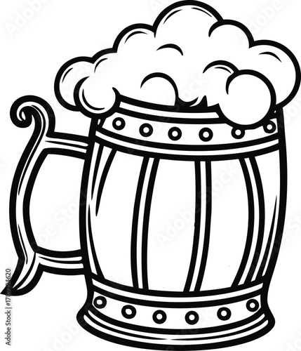 Foamy beer mug vector illustration with wooden barrel style design, frothy drink line art drawing, classic , breweries, menus, and vintage themed projects. 