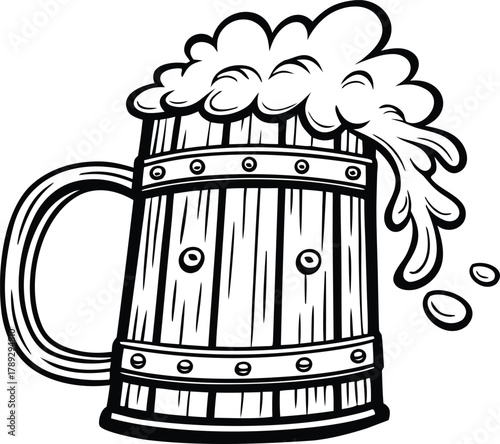 Vintage beer mug with overflowing foam in detailed hand drawn style, classic wooden tankard illustration, perfect element in bar, brewery, celebration, or Oktoberfest themed design. 