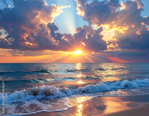 Stunning sunset scene over ocean waves, sunburst through clouds