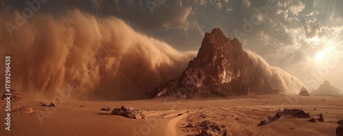 Mars landscape showing rock desert and sky concept. A breathtaking desert landscape with a dynamic sandstorm approaching.