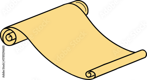 Vintage yellow scroll paper vector illustration. Curved parchment banner with rolled edges and classic texture design, invitation, or decorative background art. 