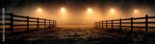 Illuminated rodeo arena with silent bleachers concept. A serene foggy landscape with wooden fences and glowing lights.