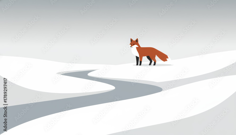 Obraz premium A simple, graphic illustration featuring a stylized red fox standing on a snowy hilltop overlooking a flat, gray, winding path or river that runs through the white, minimalist winter landscape. 