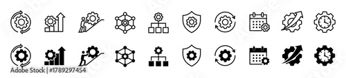 Cogwheel icon set. Gear wheel and manufacturing symbol. Setting, progress and repair logotypes. Vector illustration.