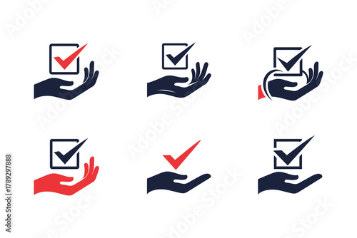 Set of six icons representing a hand holding a checklist with a checkmark, symbolic Logo, Vector Art, Logo Design