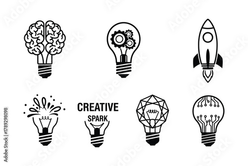 Collection of creative ideas and innovation symbols in black and white, symbolic Logo, Vector Art, Logo Design