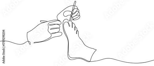 The doctor is treating one injured foot in a row. one line illustration. Vector linear illustration. Editable stroke.