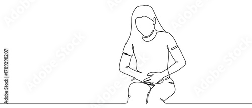 A woman has continuous menstrual cramps. one line illustration. Vector linear illustration. Editable stroke.