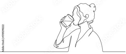 A woman is drinking water from a glass, one line continuously. one line illustration. Vector linear illustration. Editable stroke.