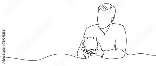 A person holding a piggy bank, one continuous line one line illustration. Vector linear illustration. Editable stroke.