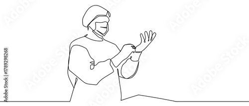 The doctor is wearing gloves and preparing to perform a clear, continuous incision. one line illustration. Vector linear illustration. Editable stroke.