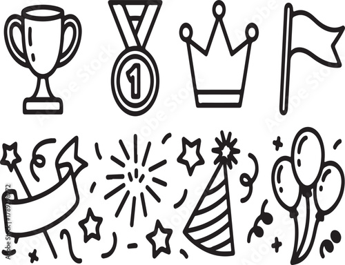 Celebration Icons Trophy, Medal, Crown, Flag, Confetti, and Balloons Line Art