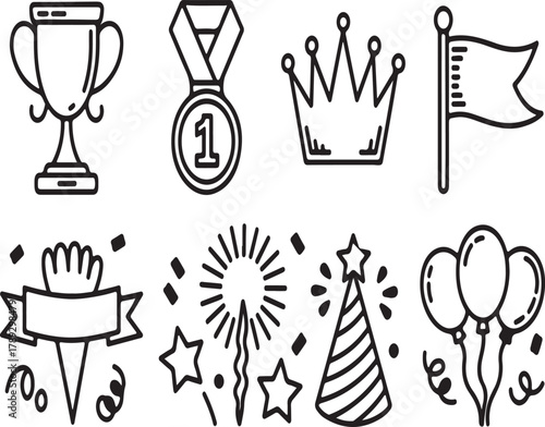 Celebration Icons Trophy, Medal, Crown, Flag, Banner, Sparkler, Party Hat, Balloons