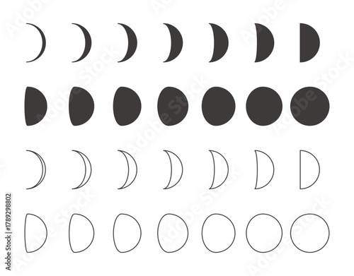 月の満ち欠けムーンフェイズのアイコンセット	
白黒