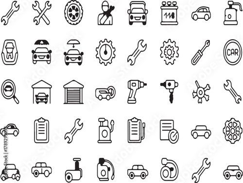 Comprehensive set of thin line icons for car service and auto repair. A collection of symbols for automotive maintenance, workshop, and garage