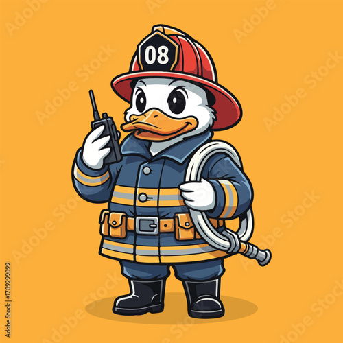 Brave Duck Firefighter with WalkieTalkie and Hose