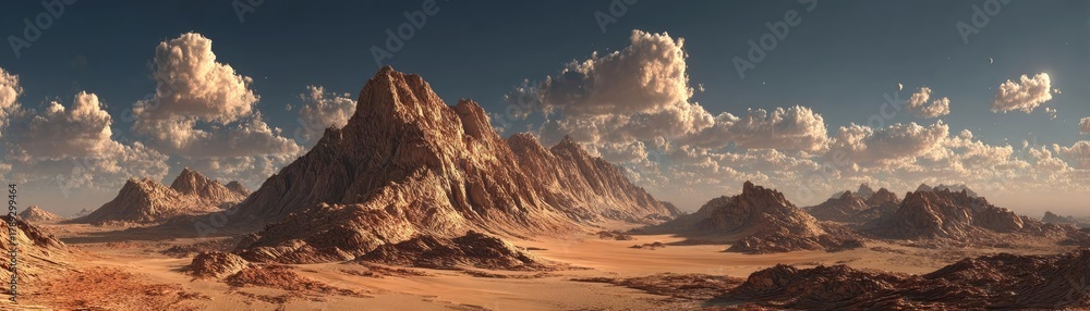 Fototapeta premium Mars landscape showing rock desert and sky concept. Stunning desert landscape with mountains and dramatic clouds.