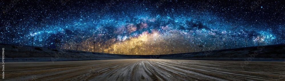 Obraz premium Illuminated rodeo arena with silent bleachers concept. Stunning panoramic view of a starry night sky over a desert.