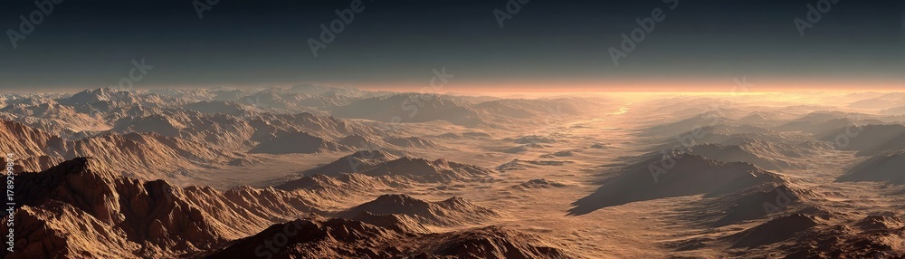 Naklejka premium Mars landscape showing rock desert and sky concept. Detailed view of a Martian landscape with mountains and valleys.