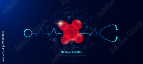 Erythrocyte hologram in transparent with stethoscope. Genetic icons are around. Medical science banner dark blue. Health care concept. Vector EPS10.