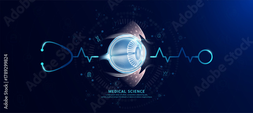 Eyeball organ hologram in transparent with stethoscope. Genetic icons are around. Medical science banner dark blue. Health care concept. Vector EPS10.