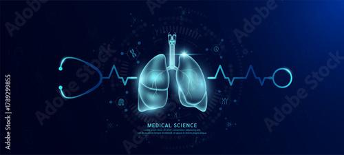 Lung organ hologram in transparent with stethoscope. Genetic icons are around. Medical science banner dark blue. Health care concept. Vector EPS10.