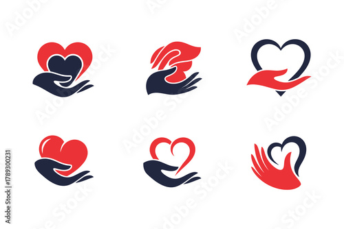 Collection of heart and hand icons representing love care and support, symbolic Logo, Vector Art, Logo Design