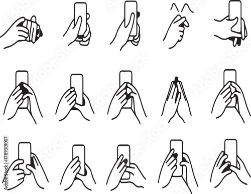 A set of line art icons illustrating various hand gestures for holding and using a smartphone or mobile device