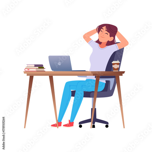Cartoon Young Woman relaxing after work. Happy student taking a break