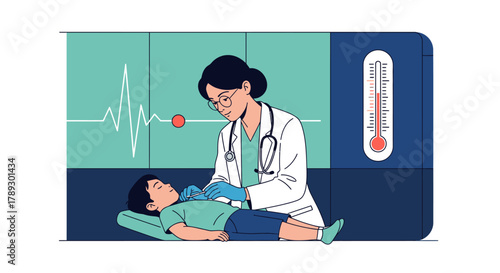 A compassionate female doctor carefully examines a young boy patient in a clinical setting, surrounded by essential medical monitoring equipment.