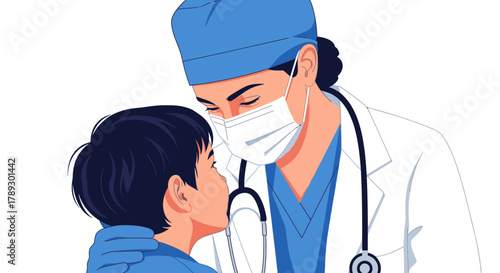 A compassionate female doctor wearing a face mask gently examines a young boy during a medical check-up, symbolizing pediatric healthcare and professional care.